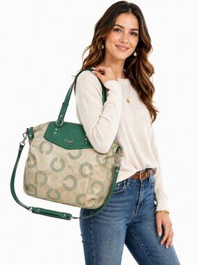 Coach Ashley Khaki Aegean Dotted OP Art North South Satchel Shoulder Purse